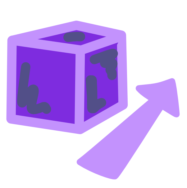 an image with light line art shows a purple cube with an arrow near its base. It travels front to back on a slight diagonal, and narrows as it moves back.